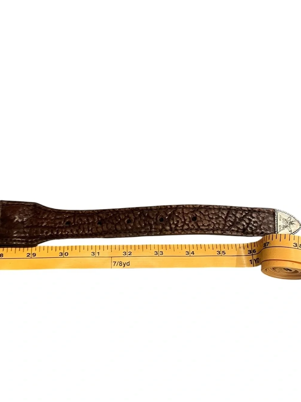 Vintage Full Grain Leather Tooled Conch Silver Toned Belt 32” Western Boho